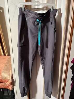 Figs Charcoal Gray Jogger Scrub Pants with Teal Drawstring